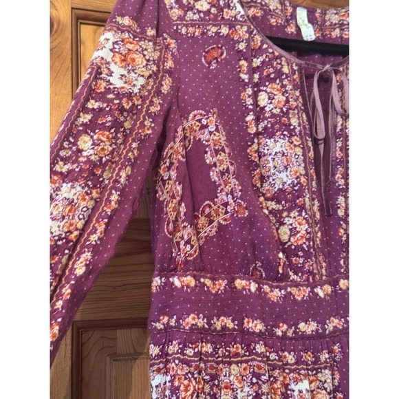 Free People Boho Purple Floral Print Long Sleeve Mini Dress Festival Hippie Chic - Picture 9 of 11